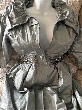 Peppe Peluso Sage Green Trench Coat with Jeweled Waist